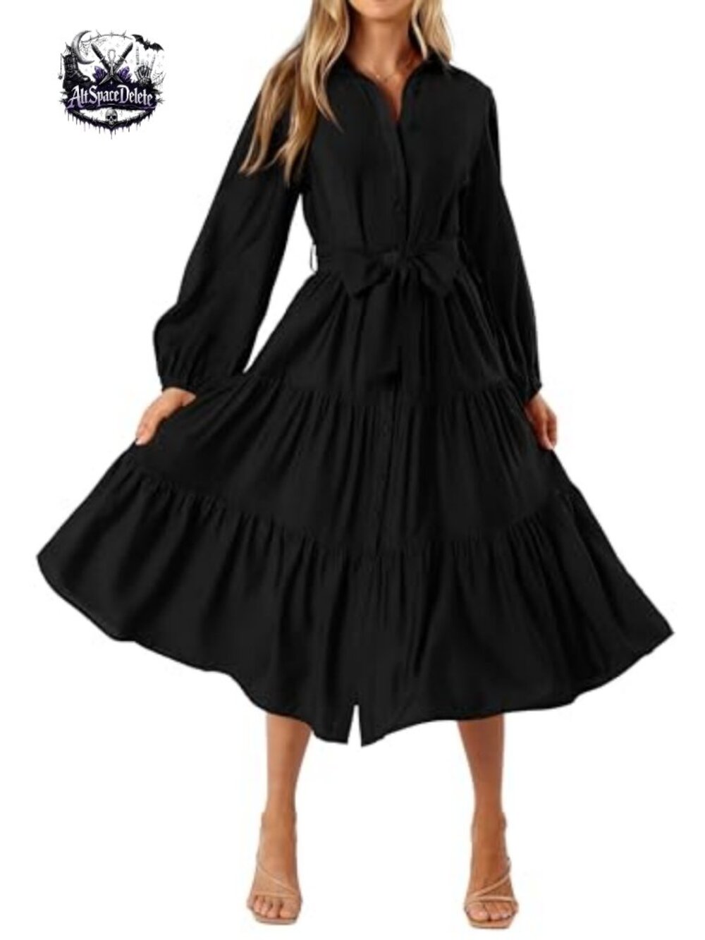 Womens Button Down Collar V-Neck Long Sleeve Flowy Midi Dress with Pockets